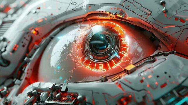 Close-up view of a futuristic robotic eye with intricate details and glowing elements, showcasing advanced technology.