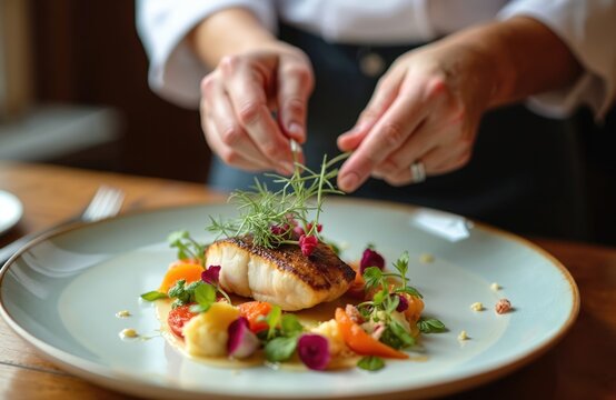 Naklejki Close-up chef plating dish in restaurant. Focus on detailed plating. Fish with garnish on plate. Gastronomy, culinary art, dining, food, meal preparation. Fine dining experience.