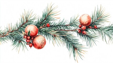 Festive Pine Branch with Balls and Bells Drawing for Holiday Season Decor