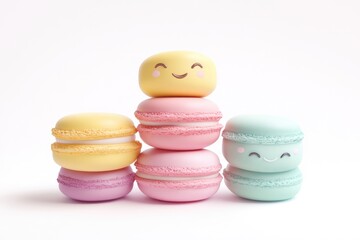 Obraz premium A playful stack of pastel-colored macarons with kawaii facial expressions, set against a clean, minimalist white background.