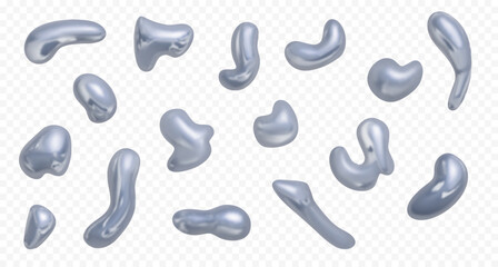 Realistic metal, chrome holographic liquid shapes. Vector illustration. Set of silver colored stains in Y2K style isolated on transparent backdrop