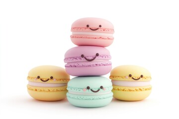 Fototapeta premium A stack of cute pastel-colored macarons with smiling faces, arranged in a playful and appealing composition on white background.
