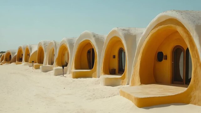 Unique earthen homes in a desert landscape showcasing creative architecture at midday