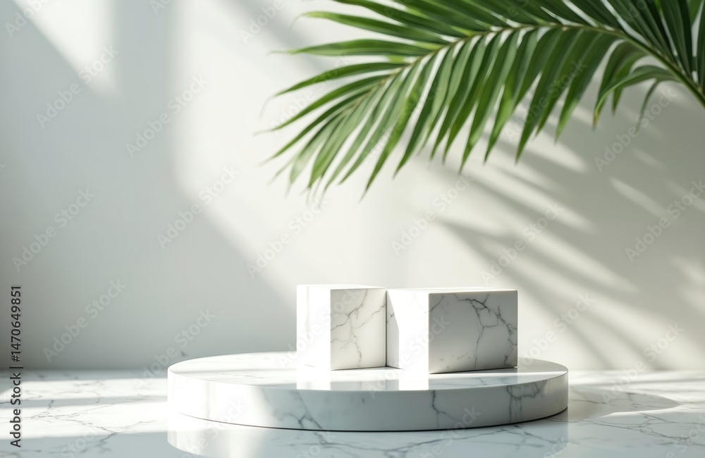 Poster cosmetic product display with marble podium, cube, leaf shadow. empty minimal stage with tropical le