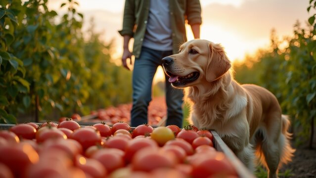 golden retriever dog standing field tomatoes dog looking camera its tongue hanging out panting background man walking through field wearing green jacket jeans sky orange yellow indicating either