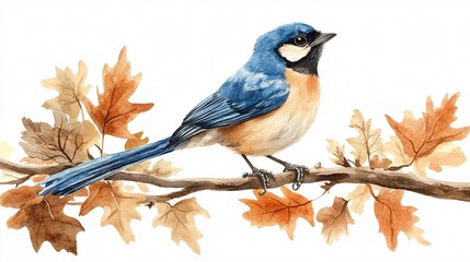 Majestic Watercolor Jay Bird Perched on Forest Branch with Leaves