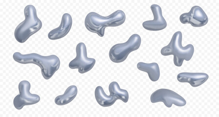 Realistic chrome holographic shapes and blobs. Vector illustration. Set of metal, silver liquid shapes in Y2K style isolated on transparent background