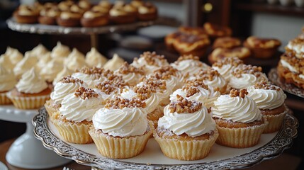 Closeup Of Delicious Cupcakes Topped With Nuts On A Decorative Platter