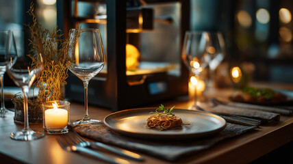 Fototapeta premium 3D food printer at fancy restaurant table, dish printing live for guests, moody candlelight setting