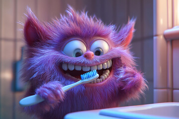 Purple cartoon baby monster brushing teeth with toothbrush in a bright bathroom. Fun and engaging concept promoting children dental hygiene and healthy morning routines, health and parenting content.