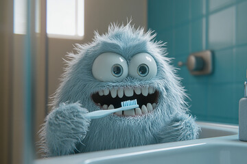 monster child brushes teeth. Funny cartoon monster brushing teeth with a toothbrush in a bathroom. Bright and playful scene encouraging healthy habits and daily hygiene for children.