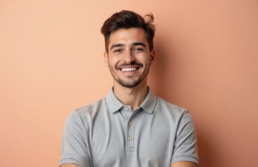 Young man in his twenties wears gray polo shirt. Attractive guy smiles on pastel background. Represents preppy style. Suitable for business casual. Pro portrait.