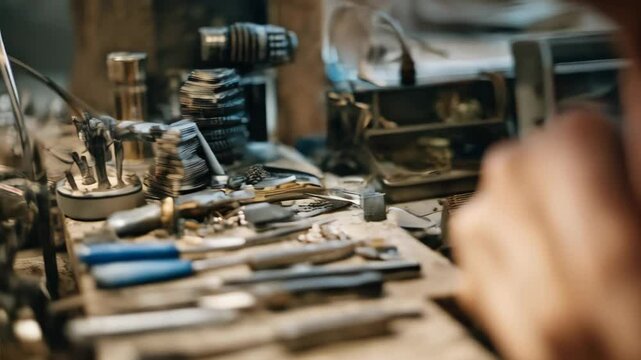 Focused person meticulously crafting jewelry, using tools at a workbench in a workshop, concentrating on the detail work.