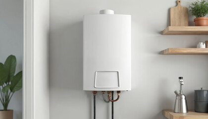 Fototapeta na wymiar White modern gas water heater installed in kitchen. Home water heating appliance, boiler. Efficient domestic device, space-saving tech, energy saving. Ideal for housing needs.