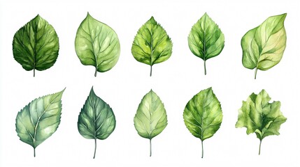 Vibrant Green Leaves Collection on White Background