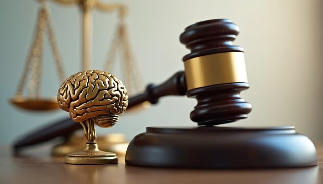 Gavel near brain figurine, scale justice background. Concepts law, justice, legal system, mind, psychology, intellect, right, wrong. Intersection of mental health legal contexts. Ideal visual for