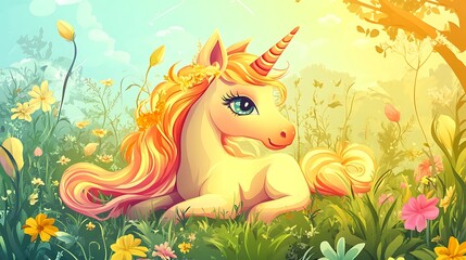 Obraz premium Cute unicorn lying in a meadow