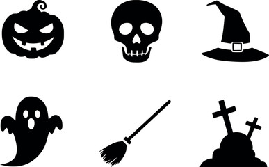 Spooky Halloween Icon Set Featuring Silhouettes of a Pumpkin, Skull, Witch Hat, Ghost, Broom, and Tombstone