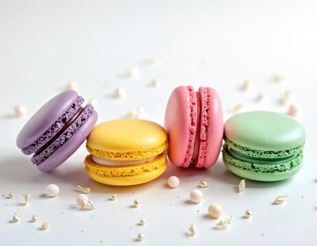 Colorful macrons cookies on white background. Tasty biscuit dessert pastry. French confectionery sweet food. Pink, yellow, green, purple cookie. Isolated snack. Baking design concept.