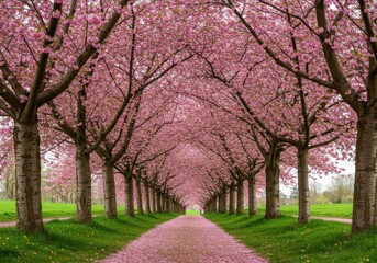 Pink blossom trees avenue scenery