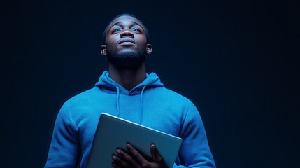 A thoughtful young man looking upward holding a laptop.
