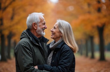 Fototapeta premium Happy senior couple smiles, looks each other in autumn park. Elderly man, woman share loving moment, enjoy time. Romantic relationship, love, retirement, golden years in nature, outside.