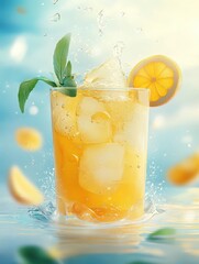 Refreshing citrus drink splashing in a glass with ice, surrounded by vibrant fruit slices