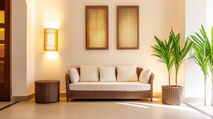 Cozy indoor seating area featuring a wicker sofa with cushions and potted plants in a bright space