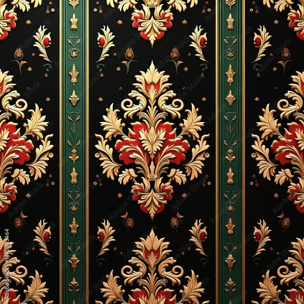 Poster ornate damask pattern in gold red green colors on black. luxurious design features floral motifs str
