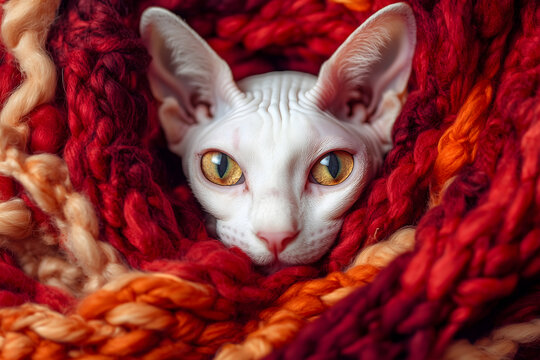Hairless Sphynx Cat Wrapped in a Colorful Blanket