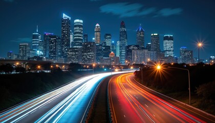 Night view of Houston downtown skyline with illuminated skyscrapers. Light trails of cars on highway at night. Urban architecture in Texas, motion blur, expressway, traffic, city landscape, road,
