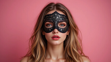 Portrait of a woman with long blonde hair wearing a black masquerade mask against pink background