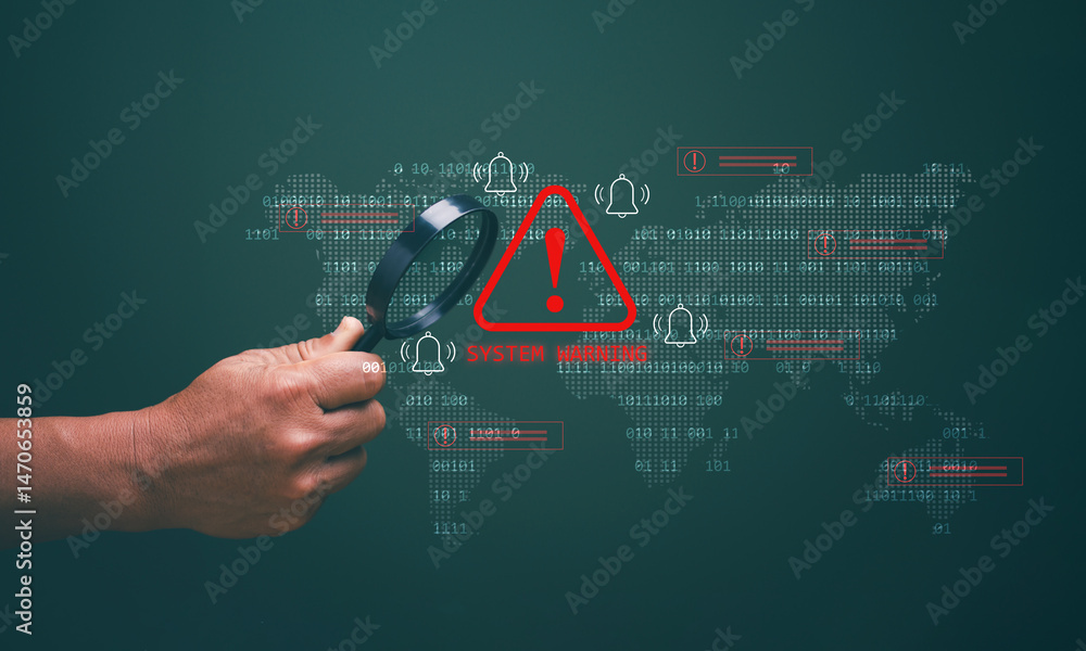 Poster cyber security concept, man holding magnifying glass with caution warning sign for notification erro