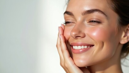 Fototapeta premium Smiling woman with smooth, hydrated skin gently touches cheek. Portrait against soft, white background. Perfect makeup, healthy look. Skincare concept, beauty treatments.