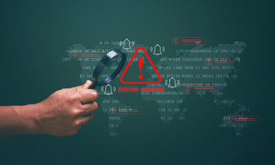 Cyber security concept, Man holding magnifying glass with caution warning sign for notification error maintenance and virus detected, Ransomware, Spyware, Hacker attacks. Detection dangerous worms.