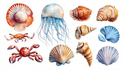 Marine Life Collection of Jellyfish, Crab, Seashell, and Fish on Isolated Background