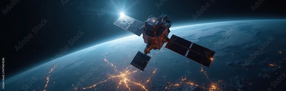 Poster satellite orbits earth tech innovation, communication, global connectivity. futuristic digital netwo
