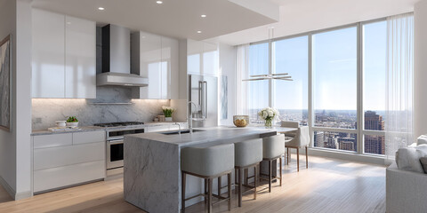 Fototapeta premium Modern kitchen design showcasing marble island, white cabinetry, and city view, representing luxury, contemporary living, and upscale real estate