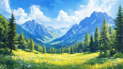 Serene Mountain Landscape Acrylic Painting with Pine Trees