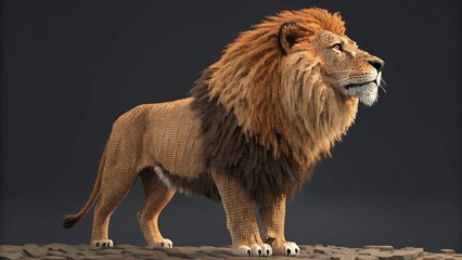 Obraz premium Pixel art of a lion standing in a grassy field with a castle silhouette in the background. 