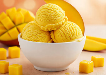 Close-up of a white bowl filled with three scoops of mango creamy ice cream, garnished with a fresh mango fruit slice. 