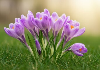 Obraz premium Crocus flowers in grass close up