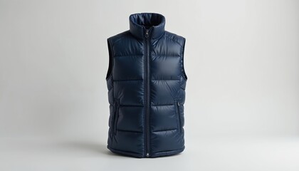 Navy blue quilted puffer vest with front zipper, isolated on plain white background. Padded warm gilet with pockets, casual outerwear. Winter fashion apparel. Product shot.
