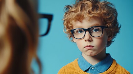 Close-up view of a thoughtful young boy wearing glasses.