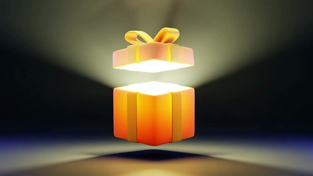 A bright 3D glowing gift box opening with golden light beams on a dark background, perfect for celebrations and surprise themes.