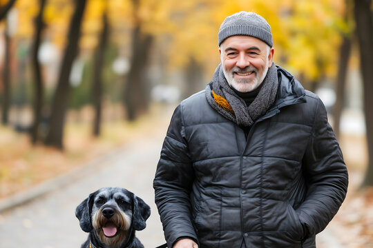 Elderly Man Smiling While Walking His Dog in a Sunny Neighborhood