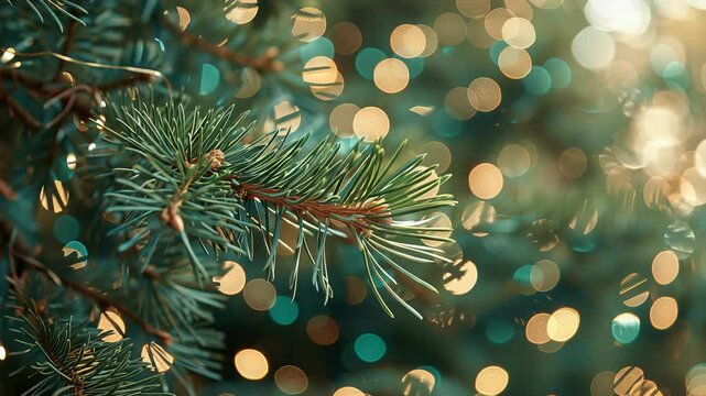 This image features detailed close-up of pine tree branch, its green needles standing out against background of soft, out-of-focus lights in shades of yellow , teal creating festive atmosphere.
