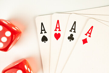 Artistic image of playing cards and dice, symbolizing gaming or gambling, with a focus on the Ace...