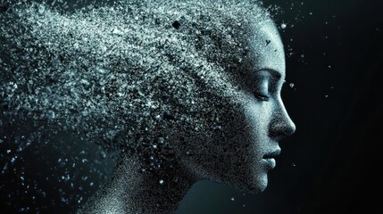 Ephemeral beauty, A conceptual portrait dissolving into particle dispersion