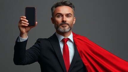 Mature man in business suit displays a smartphone.